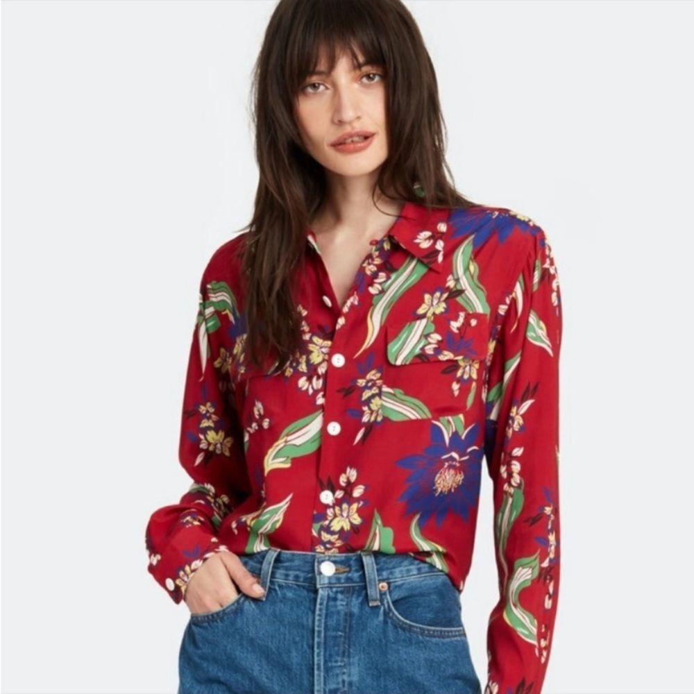 Re/Done 40's 2-Pocket Floral Long Sleeve Button Down Shirt Lotus Retro Hawaiian